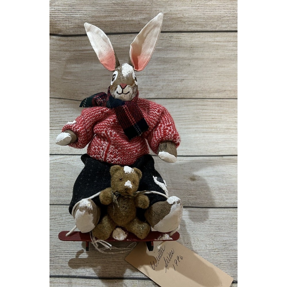 VTG Water St. Folk Art Rabbit Terry Mikec Winter Sledding Primitive w/ Bear TB9 - Picture 3 of 4